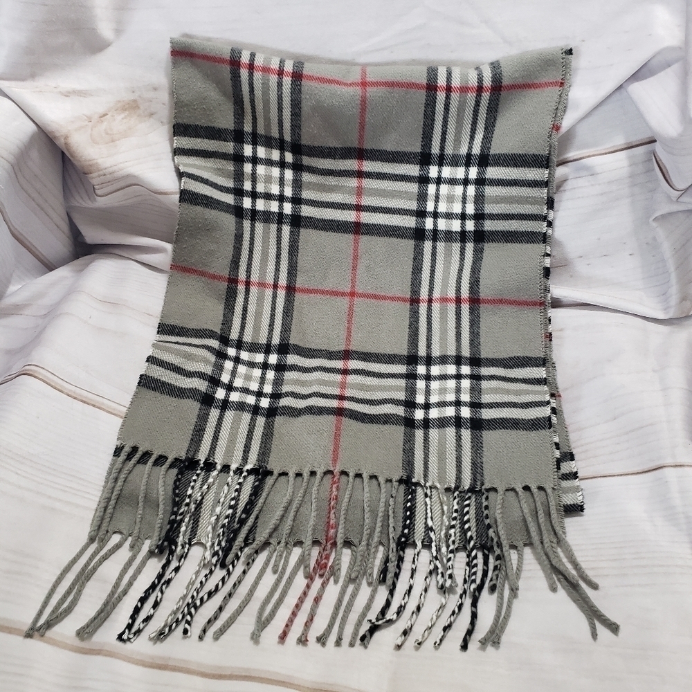 Cashmere Viscose Womens Scarf Gray Black White Red Plaid Italy Design Fringe
